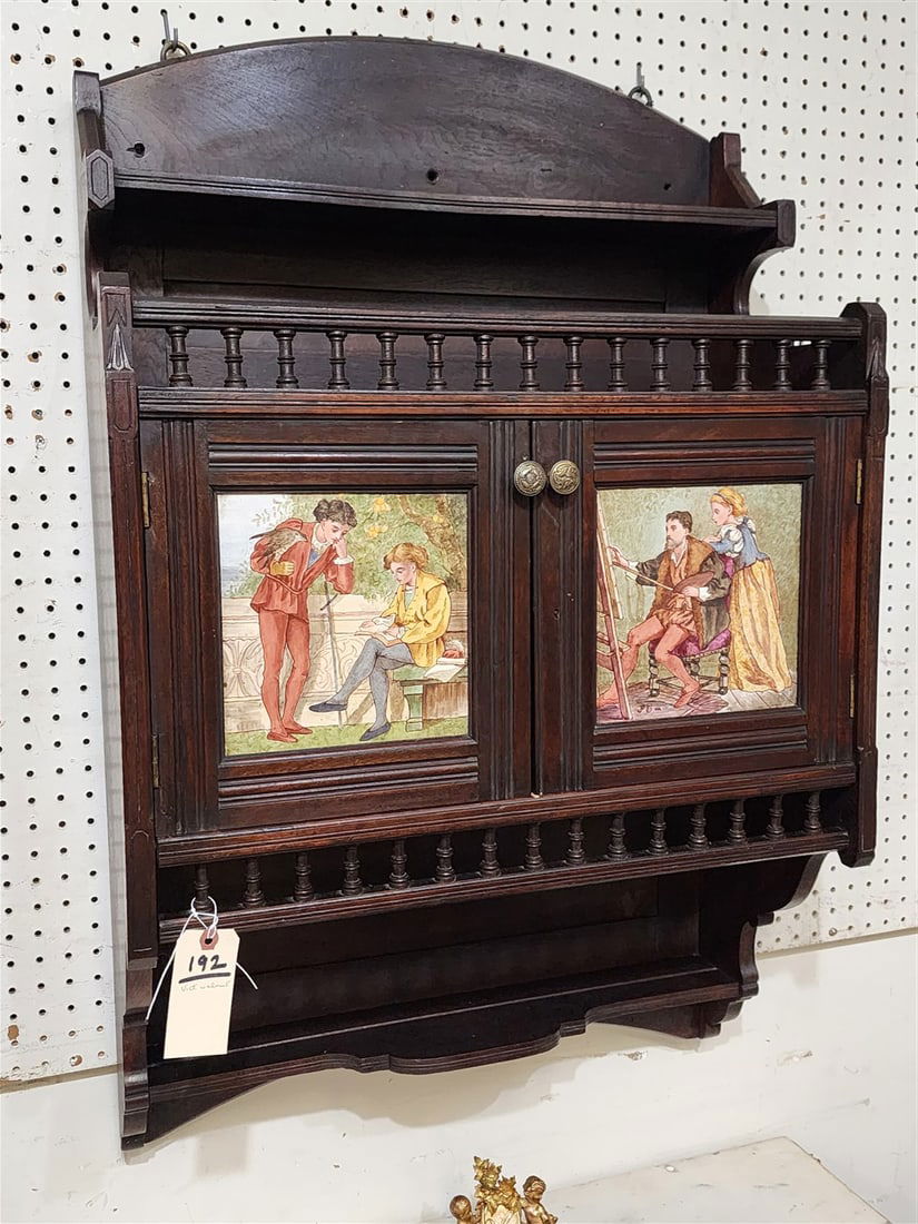 Victorian Wlanut Hanging Cabinet w/Art Tiles 42" H X 25 3/4" W X 11 1/4" D: Victorian Wlanut Hanging Cabinet w/Art Tiles 42" H X 25 3/4" W X 11 1/4" D