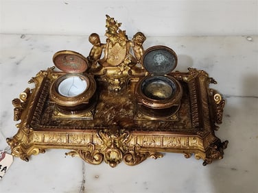 Vict. Gilt Bronze Marble & Onyx Ink Stand 5 1/4" H X 14 1/4" W X 8 1/2" D