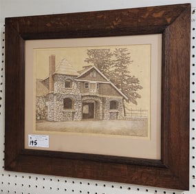 Framed Litho Of Stone Building Sgnd L. Vredenburgh 1897 10 1/2" X 14 3/4" w/Frame 19 1/2" X 23"