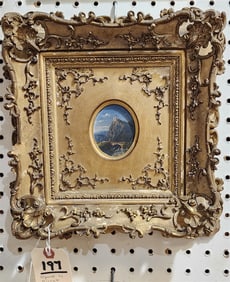 19th C Mini Painting On Panel Landscape By Mionet 3" X 2 1/2" w/Frame 11 1/4" X 11"