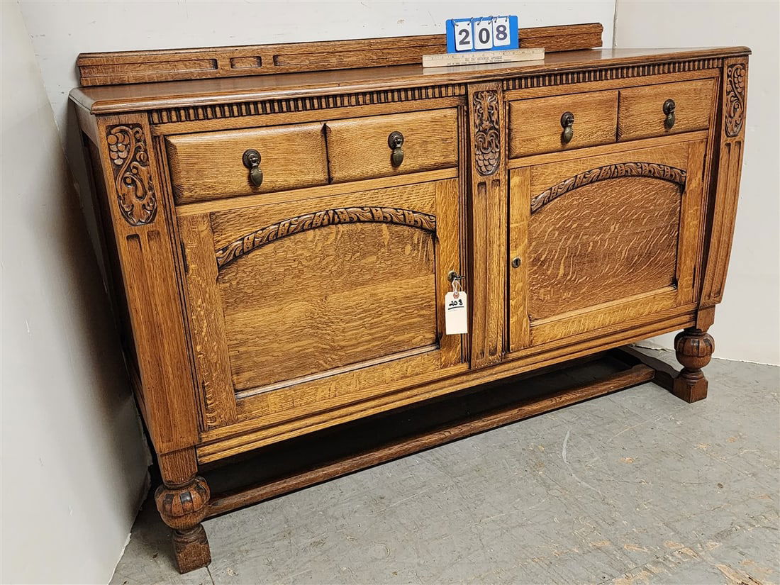 Carved Oak 2 Drawer Over 2 Door Sideboard 41" H X 5' W X 21" D (1 of 2)