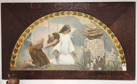 Vintage Mission Oak Framed Litho On Board "Religion" Sgnd C. S. Pearce 28 1/4" X 54 3/4" w/Frame 36