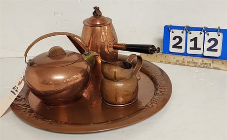 Vintage Hammered & Embossed Copper Tray 15 1/4" Diam. + Hammered Copper Teapot w/Wooden Handle 7