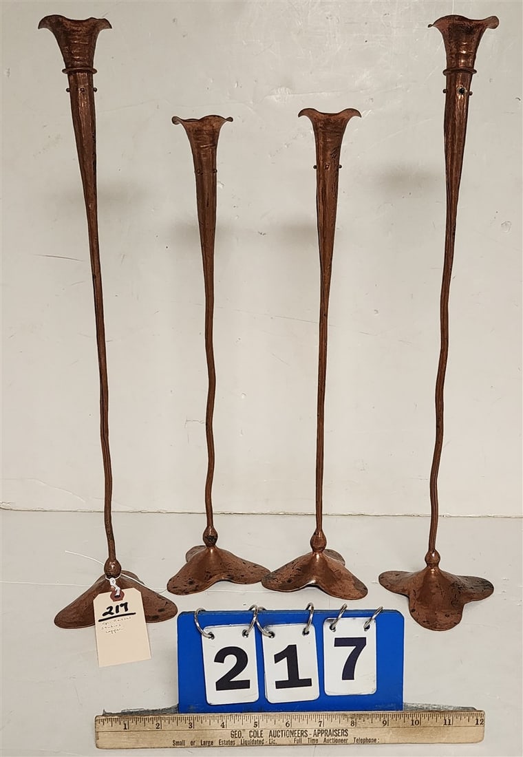 set 4 Vintage Hessel Studios Copper Candlesticks - 2 Tall "Still Reftection" 22 1/2" H + 2 Sm.: set 4 Vintage Hessel Studios Copper Candlesticks - 2 Tall "Still Reftection" 22 1/2" H + 2 Sm. "Tidal" 19 1/2" H