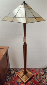 Stickley Mission Style Oak Floor Lamp w/Leaded Shade 59" H, Shade 19 12/4" Sq.