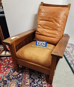 Stickley Mission Style Cherry Leather Uphols. Morris Chair 39" H X 33" W X 20" D