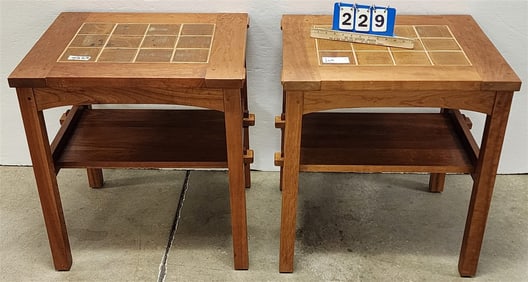 Pr. Stickley Cherry Tile Top End Stands 26" H X 24" W X 20 1/4" D