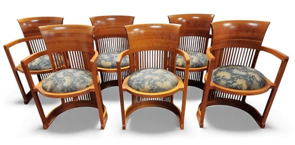 Frank Lloyd Wright Designed Cherry Barrel Chairs By Cassina Italy 31 1/2" H X 20 1/2" W X 19 3/4" D