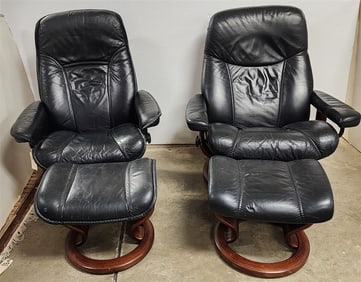 Pr. Ekornes Stressless Leather Uphols. Chairs & Otttoman 40" H X 31" W X 18" D, Ottoman 16" H X 19"