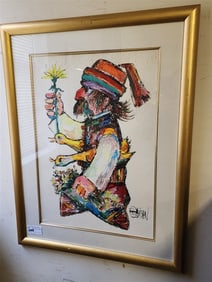 Framed Original Tempra On Paper "Villager & Geese" Sgnd Jovan Obican 27 1/2" X 19" w/Frame 38" X 29"