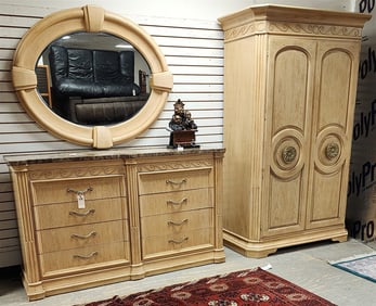 Bernhardt Pickled Oak 6 Pc. Bed Set  - Marble Top 8 Drawer Dresser 41" H X 67 1/2" W X 20 1/2" D, 2