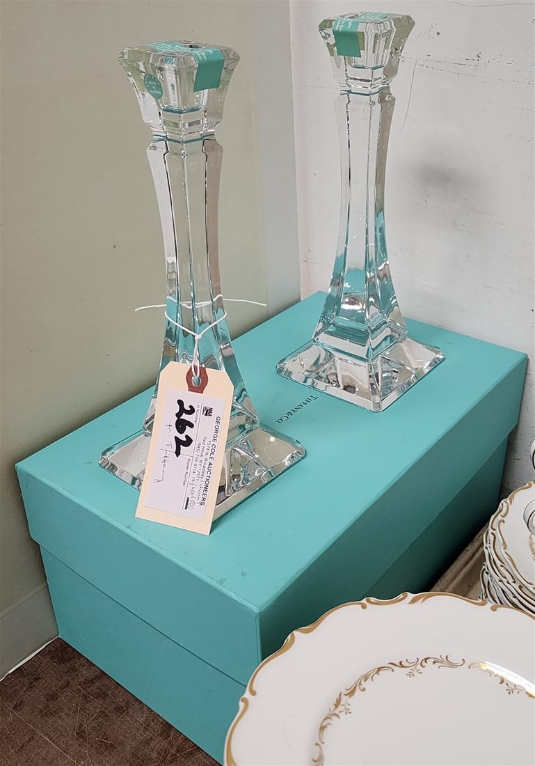 Pr. Tiffany & Co. Crystal Candlesticks w/Original Box 10": Pr. Tiffany & Co. Crystal Candlesticks w/Original Box 10"