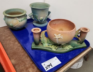 Tray 3 Pcs. Roseville - Thorn Apple Centerpiece (Chip On Rim Of One Of Candlesticks) 313, 2- Thorn