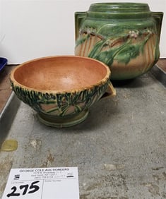 Tray 2 Roseville Vases - Laurel Green 6 1/4" + Moss Bowl 291-5"