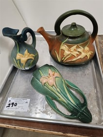 Tray 3 Pc Roseville Zephyr Lily - Teapot 7-7" (2 Small Chips Under Spout) Wall Pocket 1297-8", Ewer