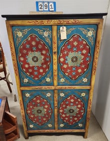 Tibetan Lacquered 4 Door Cabinet w/Wine Racks for 24 Bottles On Bottom