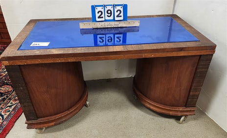 Deco Walnut Coffee Table w/Cobalt Glass Top w/Rotary End Compartments 18 1/2" H X 34" W X 18" D