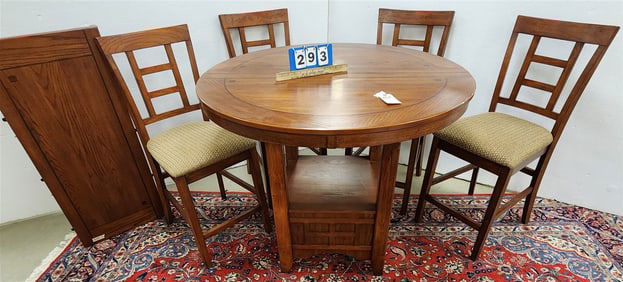 Mission Style Oak Counter Height Table 3' H 42" Diam w/1 Leaf 18" + 4 Chairs
