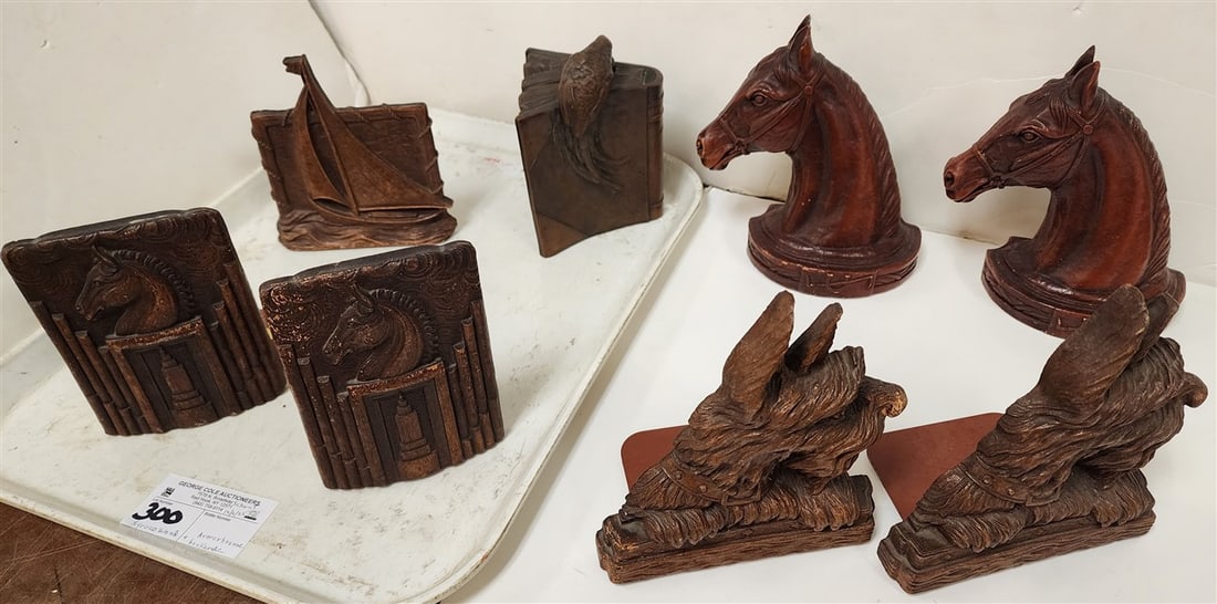 Tray Syroco Wood Bookends - 3 Pr., Single + Art Deco Copper Plated Parrot Book End By Armor Bronze: Tray Syroco Wood Bookends - 3 Pr., Single + Art Deco Copper Plated Parrot Book End By Armor Bronze Co.