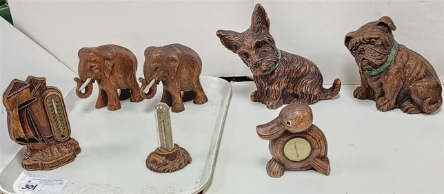 Tray Syroco Wood Figurines - Scottie 8", Bull Dog 7" H + Pr. Elephants 5 1/2"