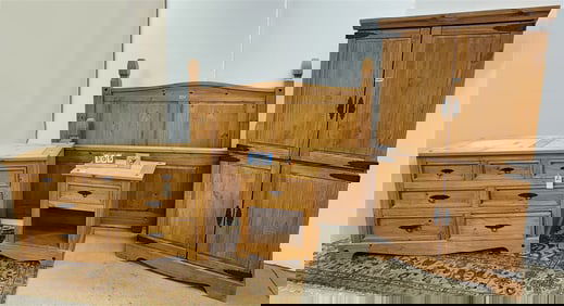 Pine 4 Pc. Bed Set - 7 Drawer Chest 32 1/2" H X 57" W X 20" D, Tall 4 Drawer Chifferobe 5'11" H X