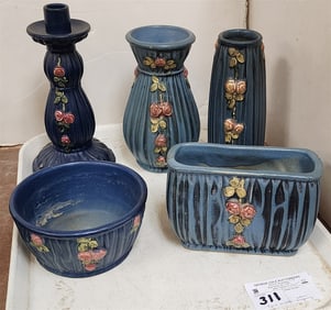 Tray 5 Pc. Weller Blue Drapery - Candilesticks 9 1/2", 3 Cases 7 3/4, 8", 4 1/2" H X 6 1/2" W X 2