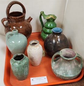 Tray 7 Pc. Glazed Pottery, Trunk, Pitchers 9 1/2" + 6 3/4", Jug 6", Vases 6", 5", 4 1/2", 4 1/2"