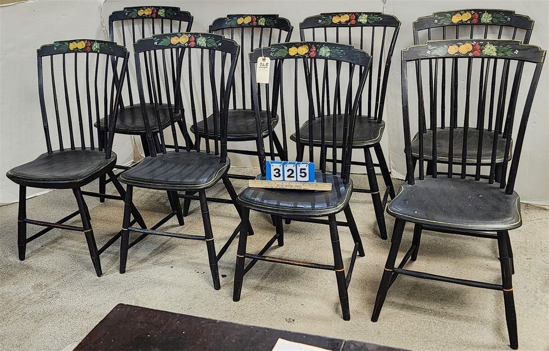 Set 8 Early 19th C Plank Seat Stenciled Windsors (1 of 2)