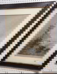 Framed 19th C Engr. Ship In Harber Pencil Sgnd Helene Formstecher 23 1/4" X 16 1/2" w/Frame 34 1/4"