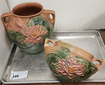 Tray 2 Pc. Roseville Waterlily - Vase 1-8" (Chip On Rim) + Hanging Basket 5 1/2" X 9" Diam