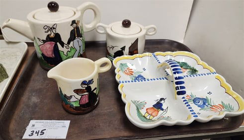 Tray 4 Pc. Quimper Tea Pot, Creamer, Sugar + 4 Section Tray