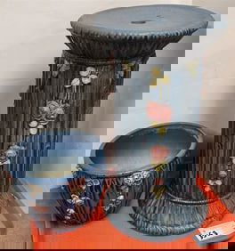 Tray 2 Pc. Weller Blue Drapery Jardenier Stand 18" H X 9 1/2" Diam. + Jardenier 7 1/2" H X 8 1/2"