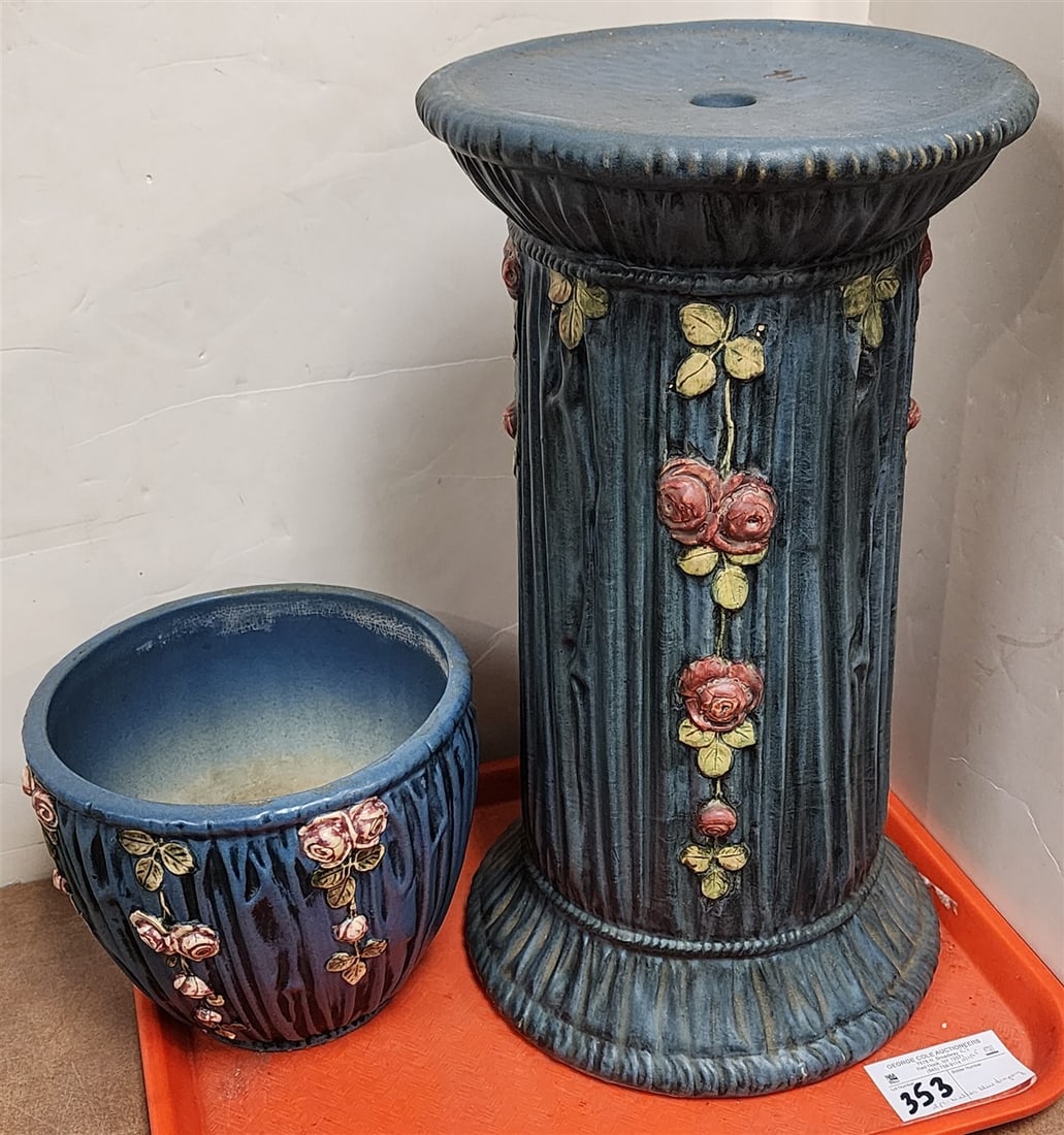 Tray 2 Pc. Weller Blue Drapery Jardenier Stand 18" H X 9 1/2" Diam. + Jardenier 7 1/2" H X 8 1/2" (1 of 3)