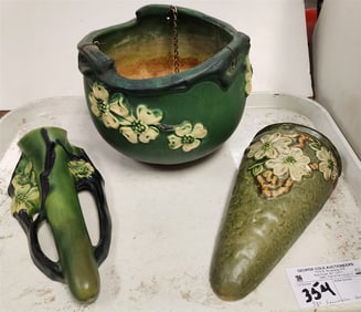 Tray 3 Pc. Roseville Dogwood - Hanging Basket 6" H X 7 1/2" Diam, 2 Wall Pockets 10" H X 4" W (Chip