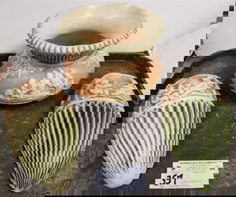 Tray 3 Pc. Roseville Donatello - Spittoon 5 1/2" H X 7" Diam. + Pr. Wall Pockets 10" H X 4 1/2" W