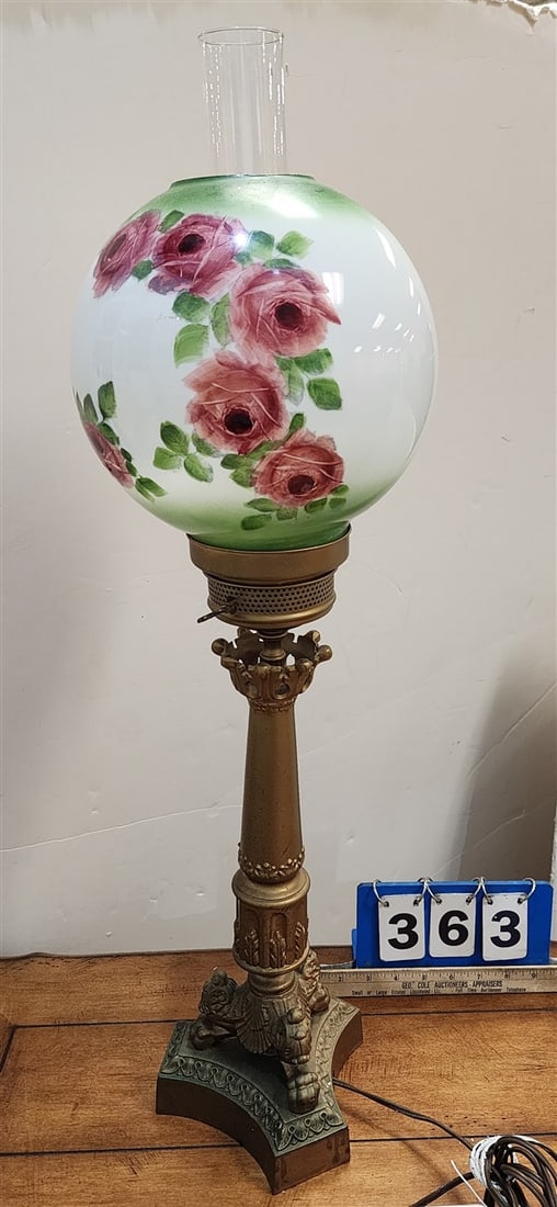 Metal Base Table Lamp w/Enameled Milk Glass Shade 30": Metal Base Table Lamp w/Enameled Milk Glass Shade 30"