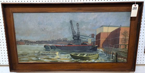 Framed Oil On Masonite Harbor Scene 18" X 40" w/Frame 2' X 46"