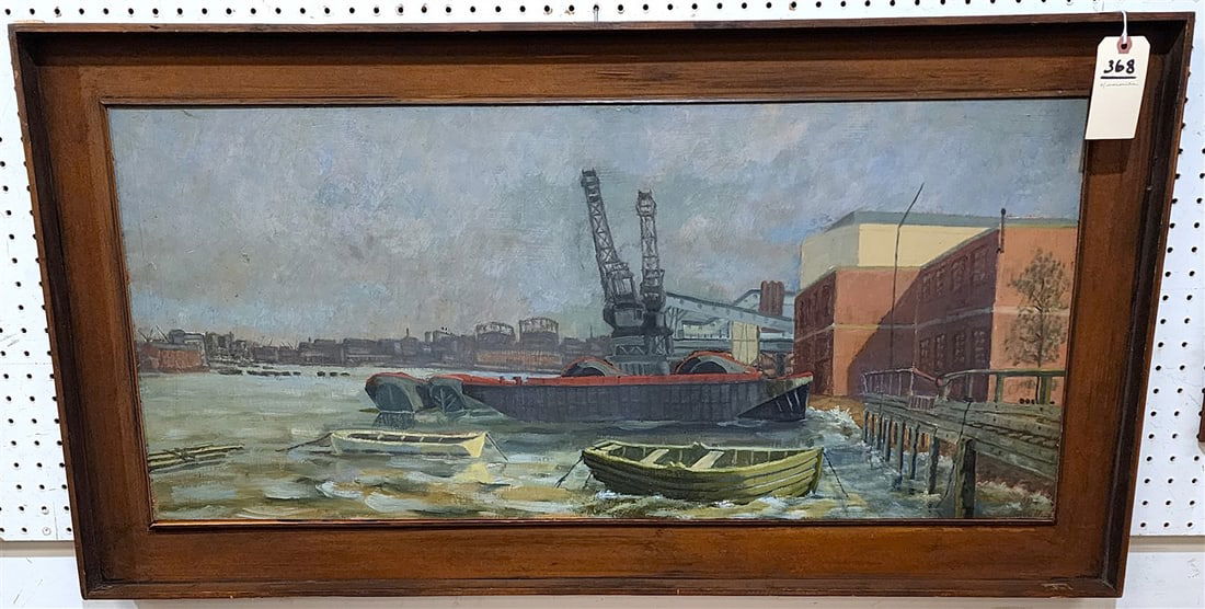 Framed Oil On Masonite Harbor Scene 18" X 40" w/Frame 2' X 46" (1 of 2)