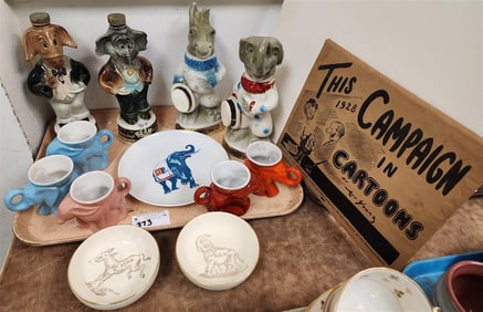 Tray 4 Jim Beam Poltical Decanters, 5 Frankoma Elephants + Donkey Mugs Etc.