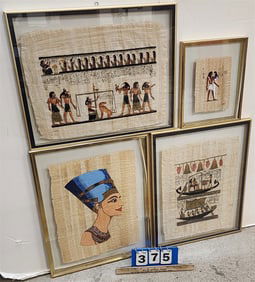 Bx 4 Framed Egyptian Ptgs. On Papyrus - 17" X 13", 16" X 12", 17 1/2" X 13" w/Frame 20" X 16" + 7