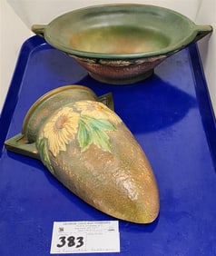 Tray 2 Roseville Dahlrose - Oval Bowl 3" H X 10 1/2" W X 6" D, Wall Pocket 8" H X 7" W