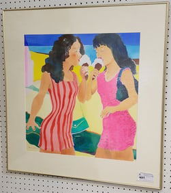 Framed W/C 2 Women Eating Ice Cream Cones Pencil Sgnd Beryl Kerwick 21" Sq. w/Frame