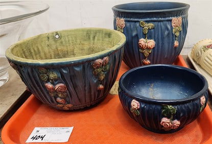 Tray 3 Pc. Weller Blue Drapery - Hanging Basket 5" X 9" Diam., Jardenier 6 1/2" H X 8" Diam. + Bowl