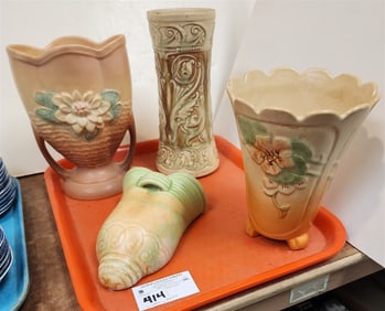 Tray 2 Pc. Weller - Panella Vase 7 3/4" H X 6 1/4" Diam., Clinton Ivory Vase 10", Hull Vase 9" +