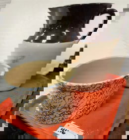 Tray Robinson Ransbottom Spongeware Canister 5 1/2" H X 8 1/2" Diam., USA Brown + White Milk Pitcher