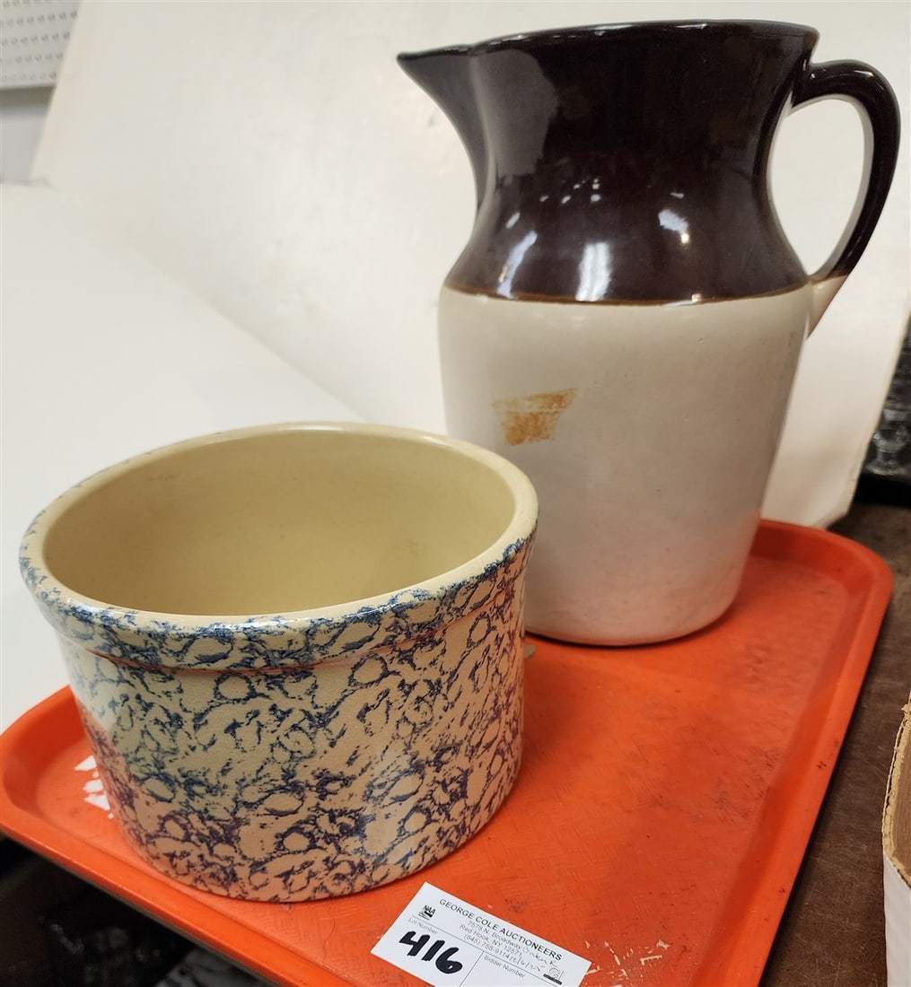 Tray Robinson Ransbottom Spongeware Canister 5 1/2" H X 8 1/2" Diam., USA Brown + White Milk Pitcher (1 of 4)