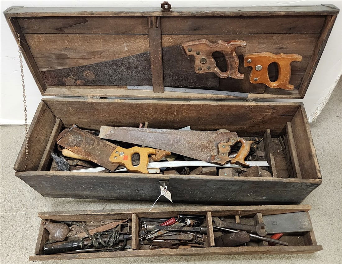 Antique Tool Bx w/Tools 12 1/2" H X 39 1/2" W X 12" D (1 of 4)
