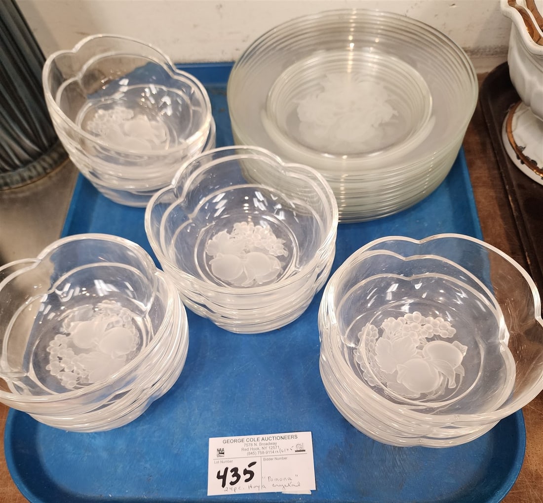 Tray Vintage Hoya Crystal "Pomona" 12 Plates + 12 Bowls: Tray Vintage Hoya Crystal "Pomona" 12 Plates + 12 Bowls