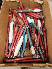 Tray Vintage Wooden Textile Bobbins + Spools