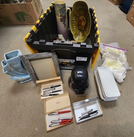 Tub Of Misc. Incl. 1997 Darth Vader Helmet On Stand, Bx'd Pottery Incl. Weller Pitcher (Repaired)